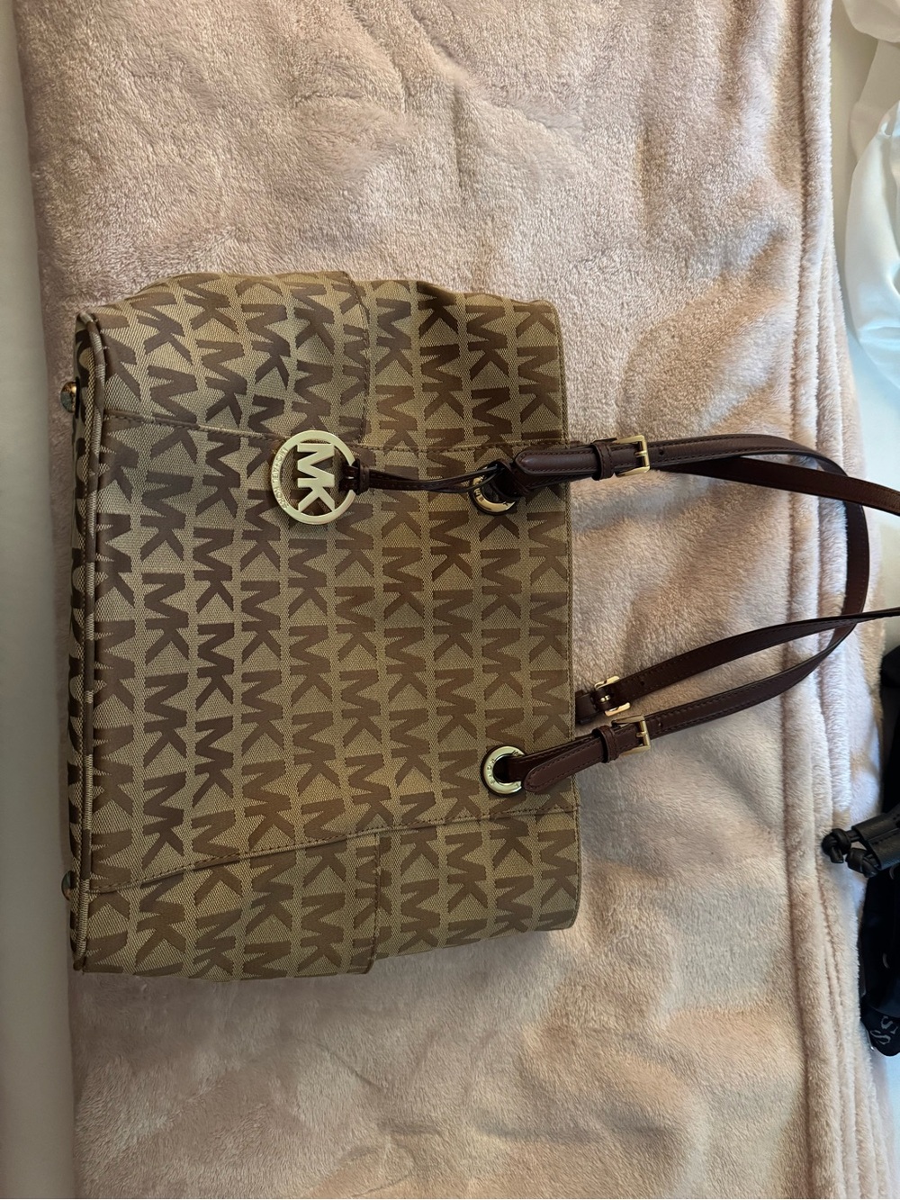 Michael Kors Brown Logo Jacquard Tote with Gold Logo Charm